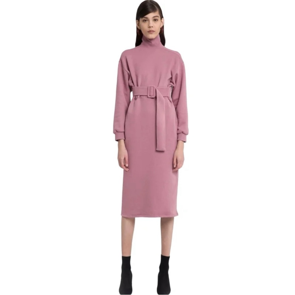 PIXIE MARKET Driee Long Sleeve Turtleneck Back Slit Pink Sweatshirt Belted Dress